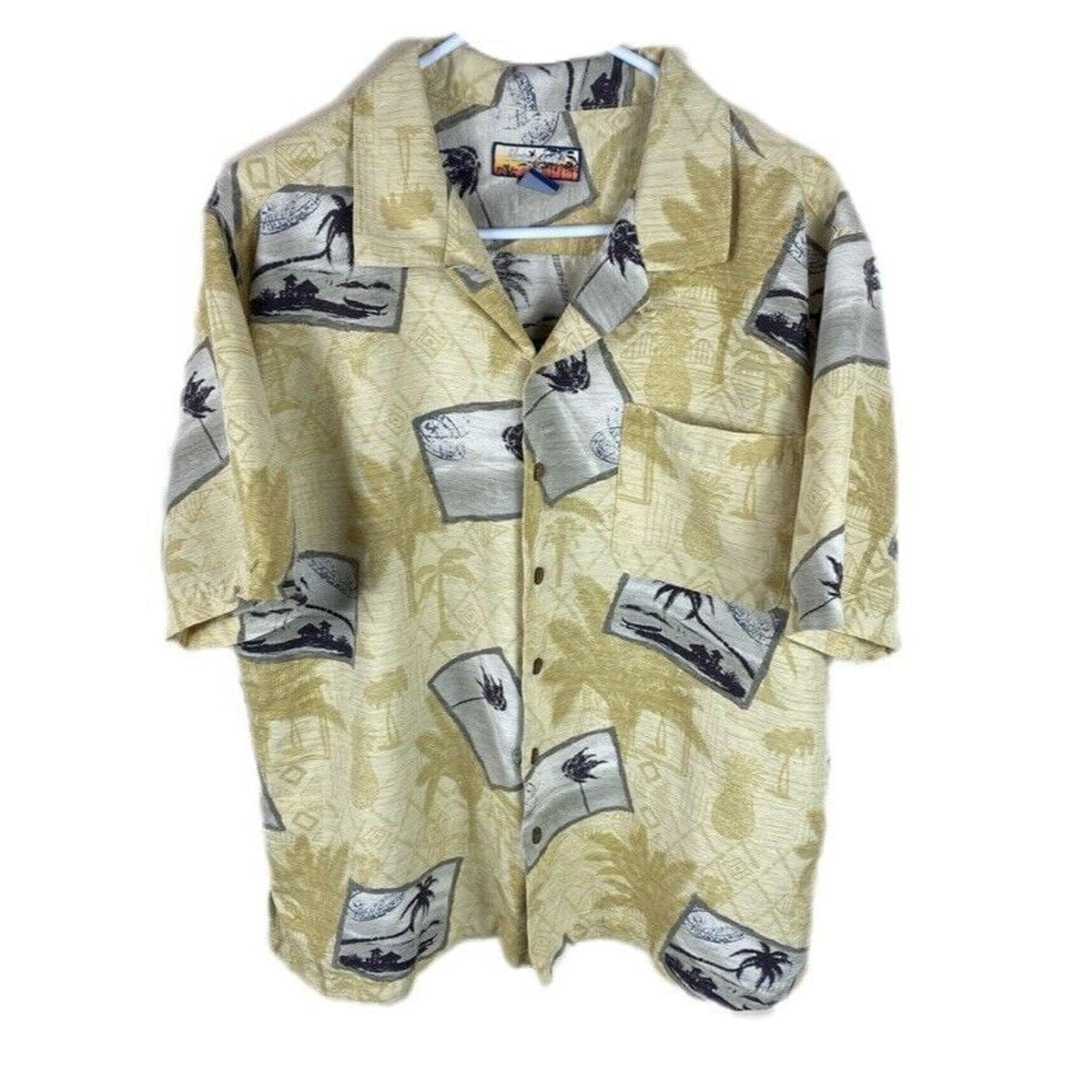 Havana Jacks Cafe Hawaiian Silk Shirt Mens Sz XL Beige Post Card Aloha Tropical