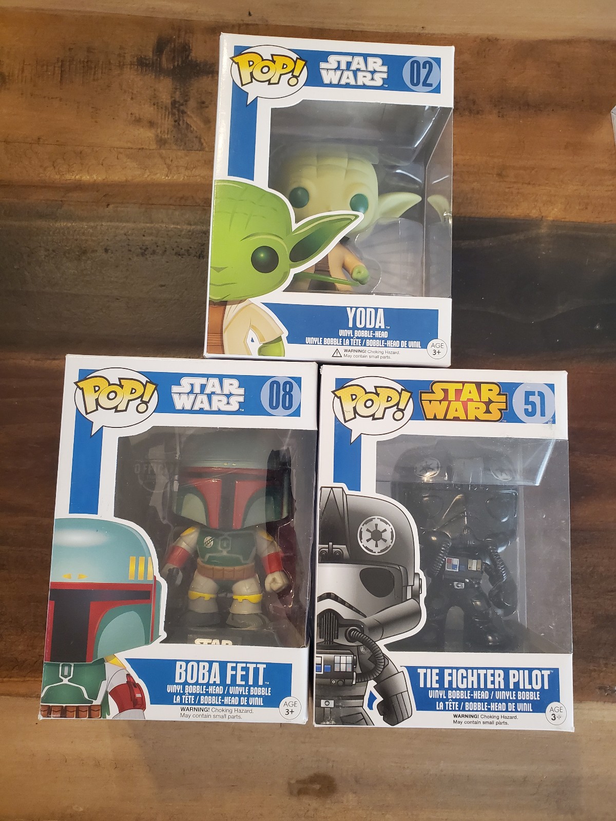 FUNKO POP Star Wars Blue Box Lot Of 3 - Yoda 02, Boba Fett 08, Fighter Pilot 51