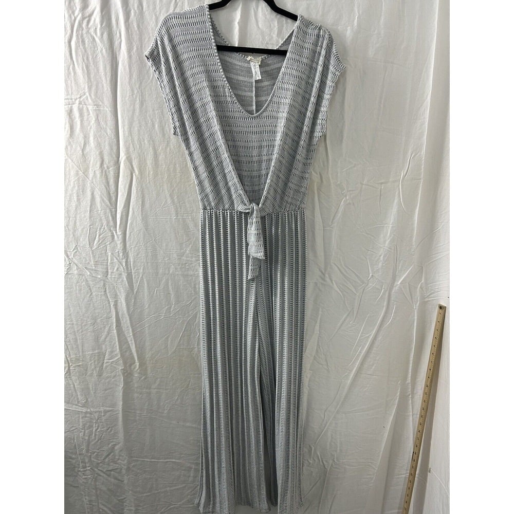 Caution to the Wind Gray Striped Jumpsuit Tie At Waist Womens Sz L Anthropology