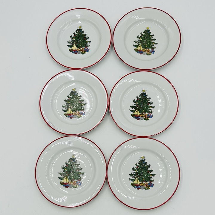 Set Of 6 Cuthbertson American Christmas Tree Bread Plates 6.5 Red Ring Vintage