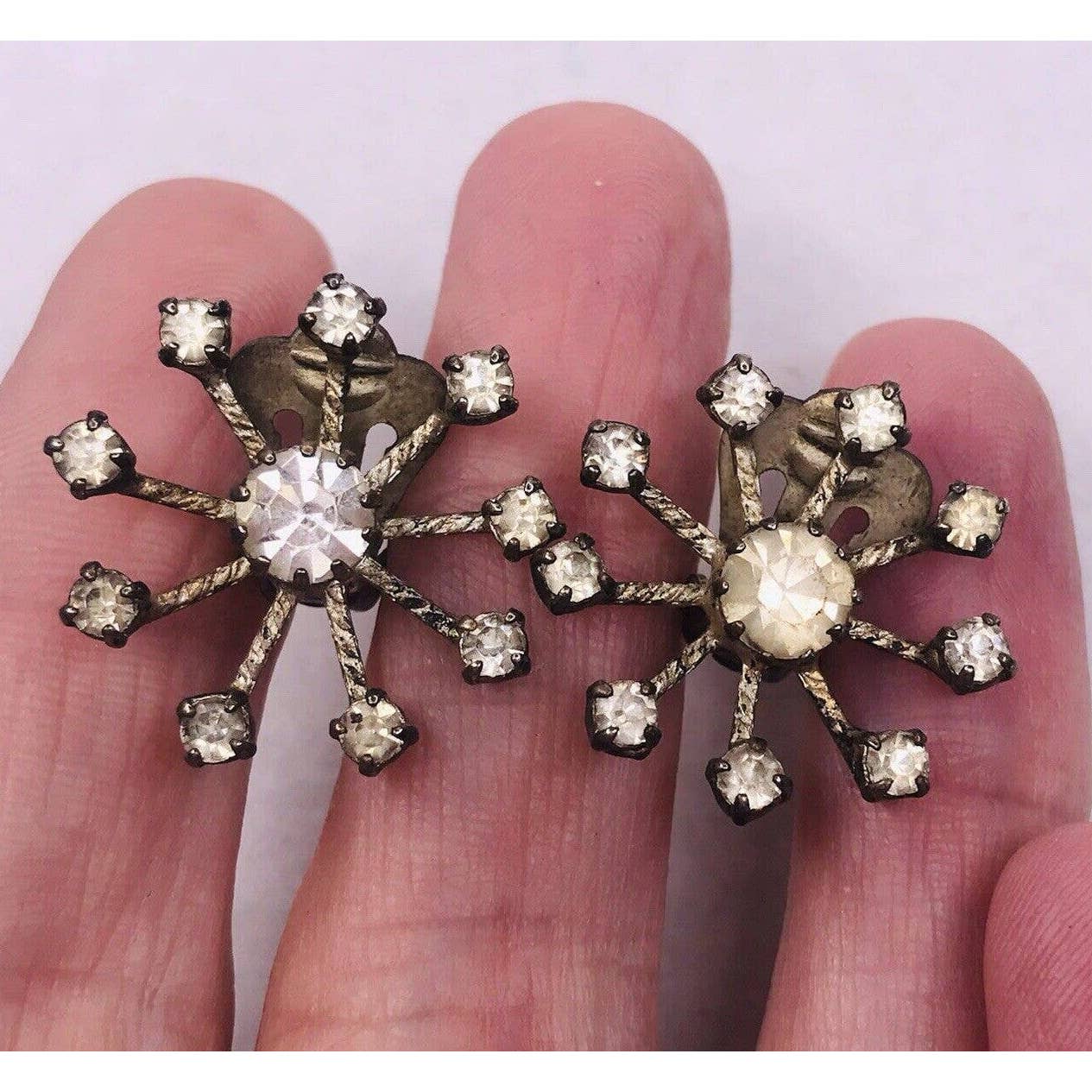 VTG Made Austria Crystal Earrings Clip On Silver Tone Starburst Round