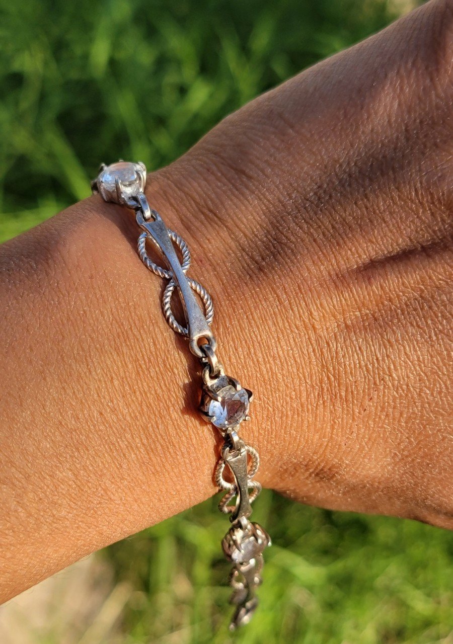 Stunning and unique double rope border oval bar link CZ diamond 925 sterling sil