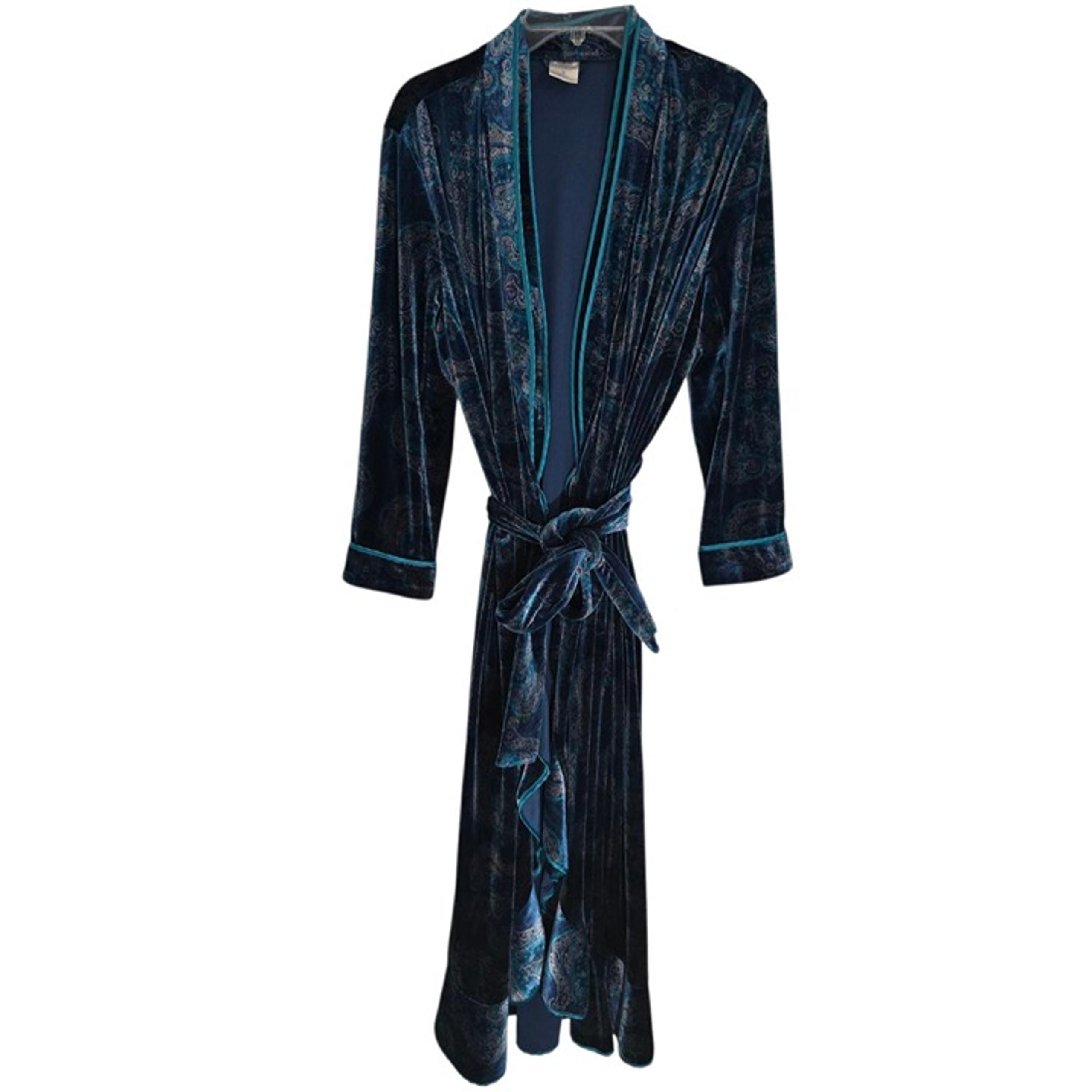 Cabernet Womens Teal Paisley Tie Waist Belted Velvet Robe Long Sleeve Size M