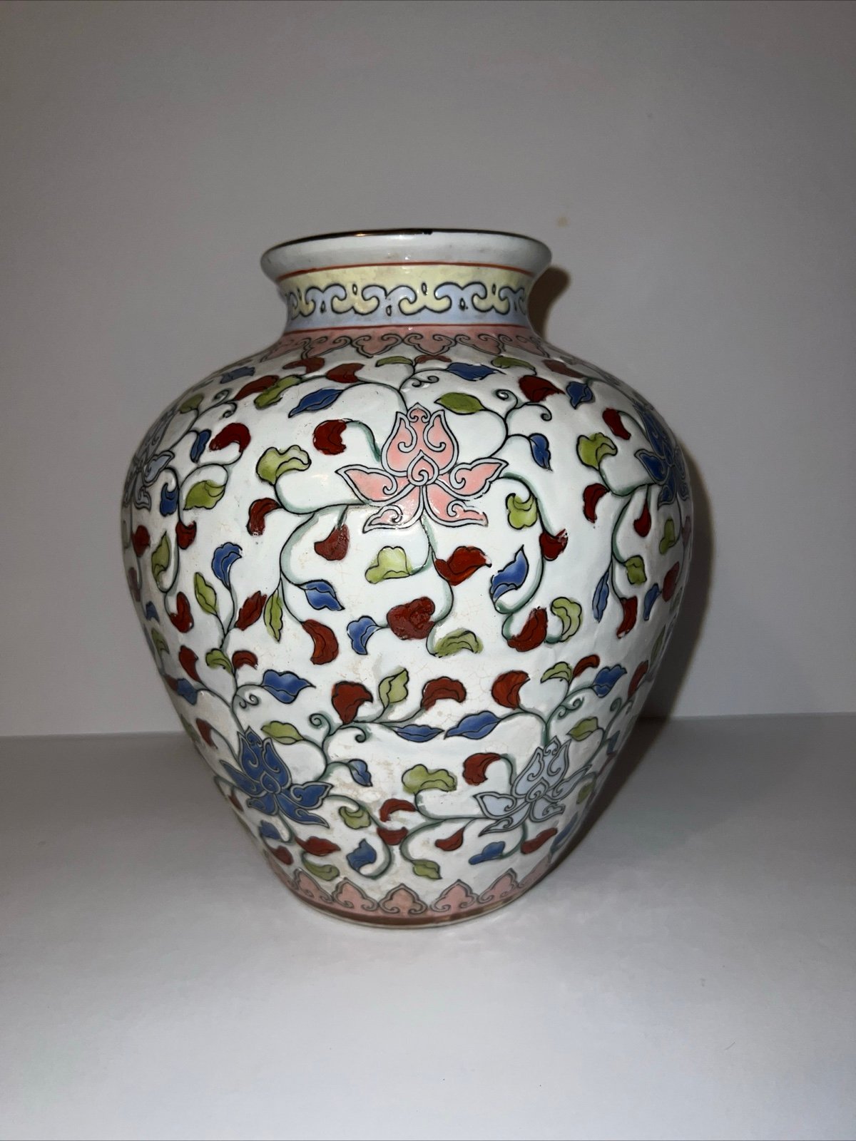 Vintage Vase Pottery Floral Design Mint Green Colors Red Marking on Bottom 9”