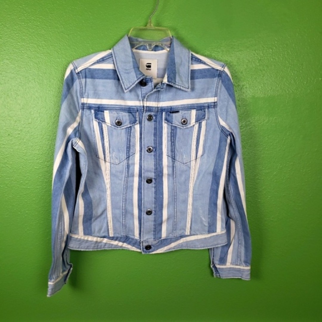 G-Star Raw Women's Blue White Stripe Denim Distressed Button Up Jacket Size SM