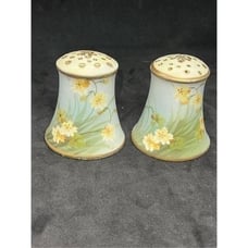 VTG Hand Painted Nippon Salt and Pepper Moriage Blue w Yellow Flowers Gold Trim