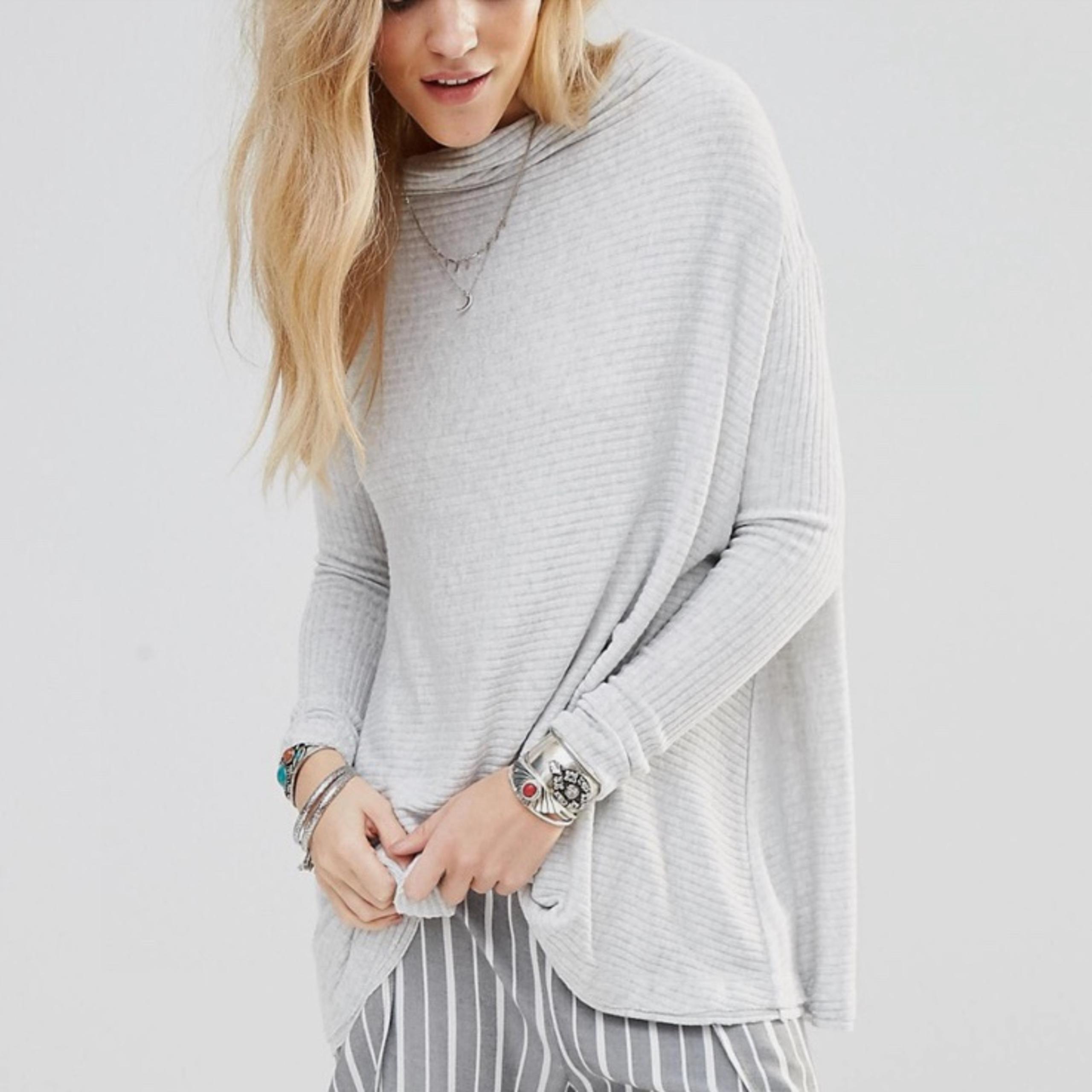 We the Free People Lover Rib Knit Split Back Pullover Gray Sweater