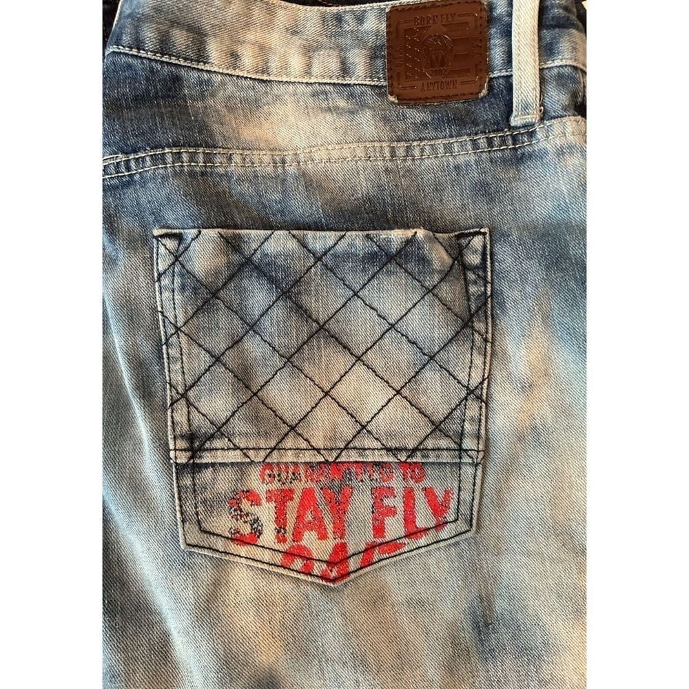 BORN FLY Jeans size 38 X 31 metal button fly, Blue Denim, Patches, Distressed