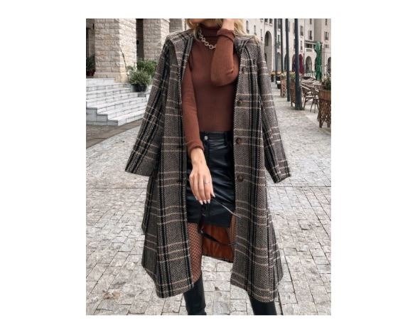 Winter Midi Plaid Pattern Longline Belted Button Front Collar Overcoat L5