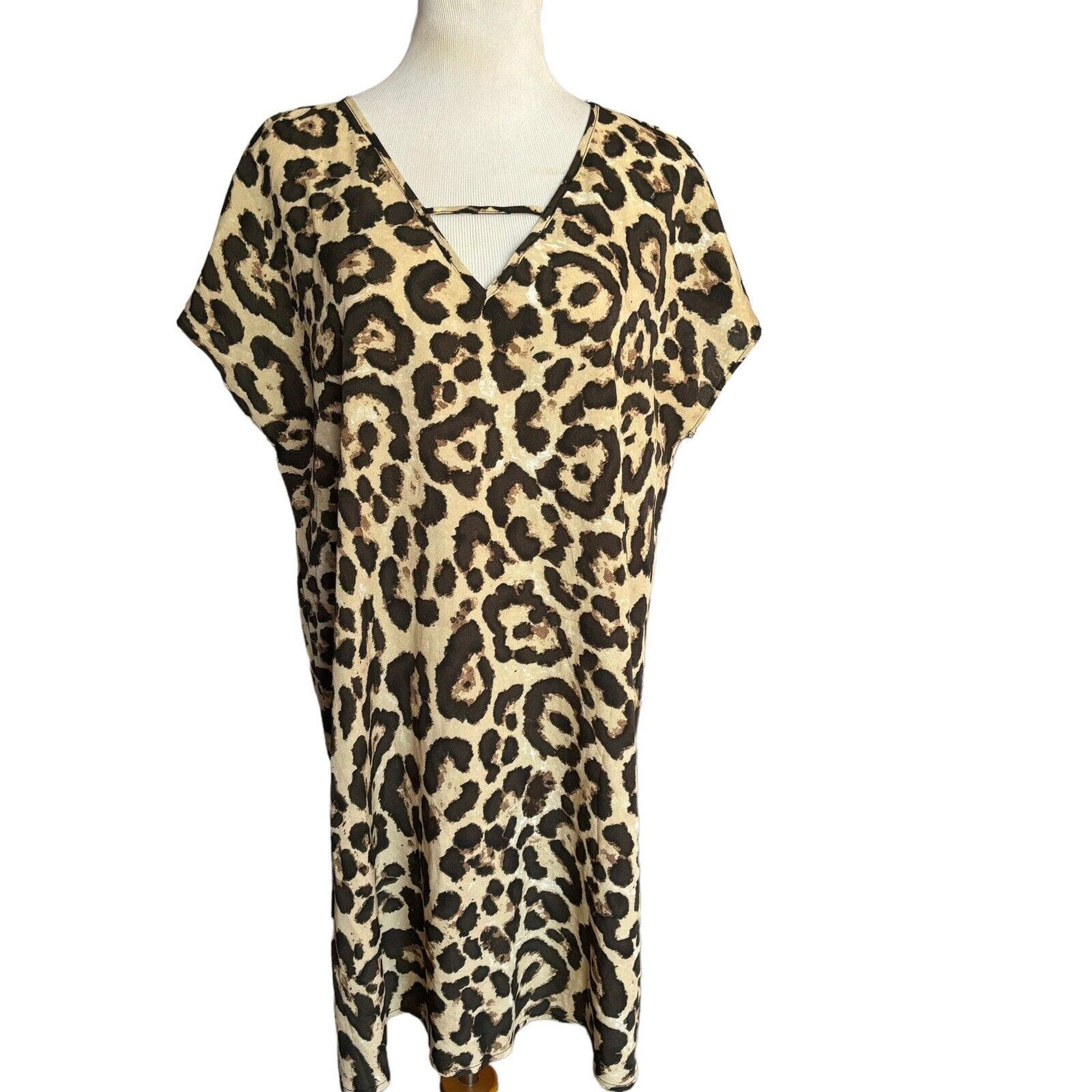 Shein Womens Size LARGE Animal Print shift Beach Coverup Dress V Neck