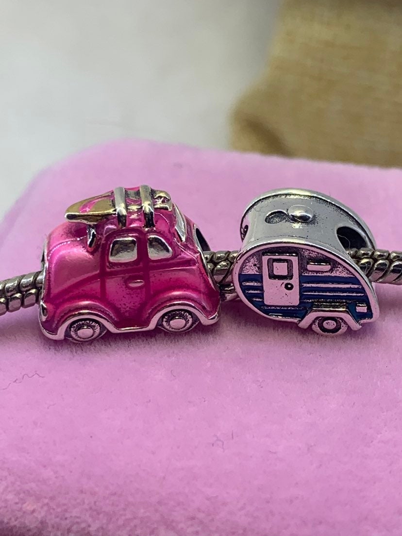 Sterling silver pink car blue camper camping charm set