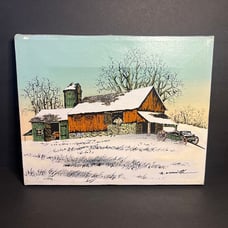 Original Winter Barn Farm House Signed R Smith Oil Canvas Painting Art 10 x 8