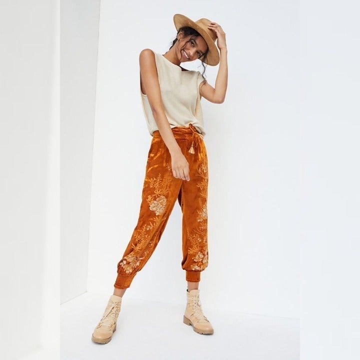 Anthro Rosie Embroidered Velvet Joggers