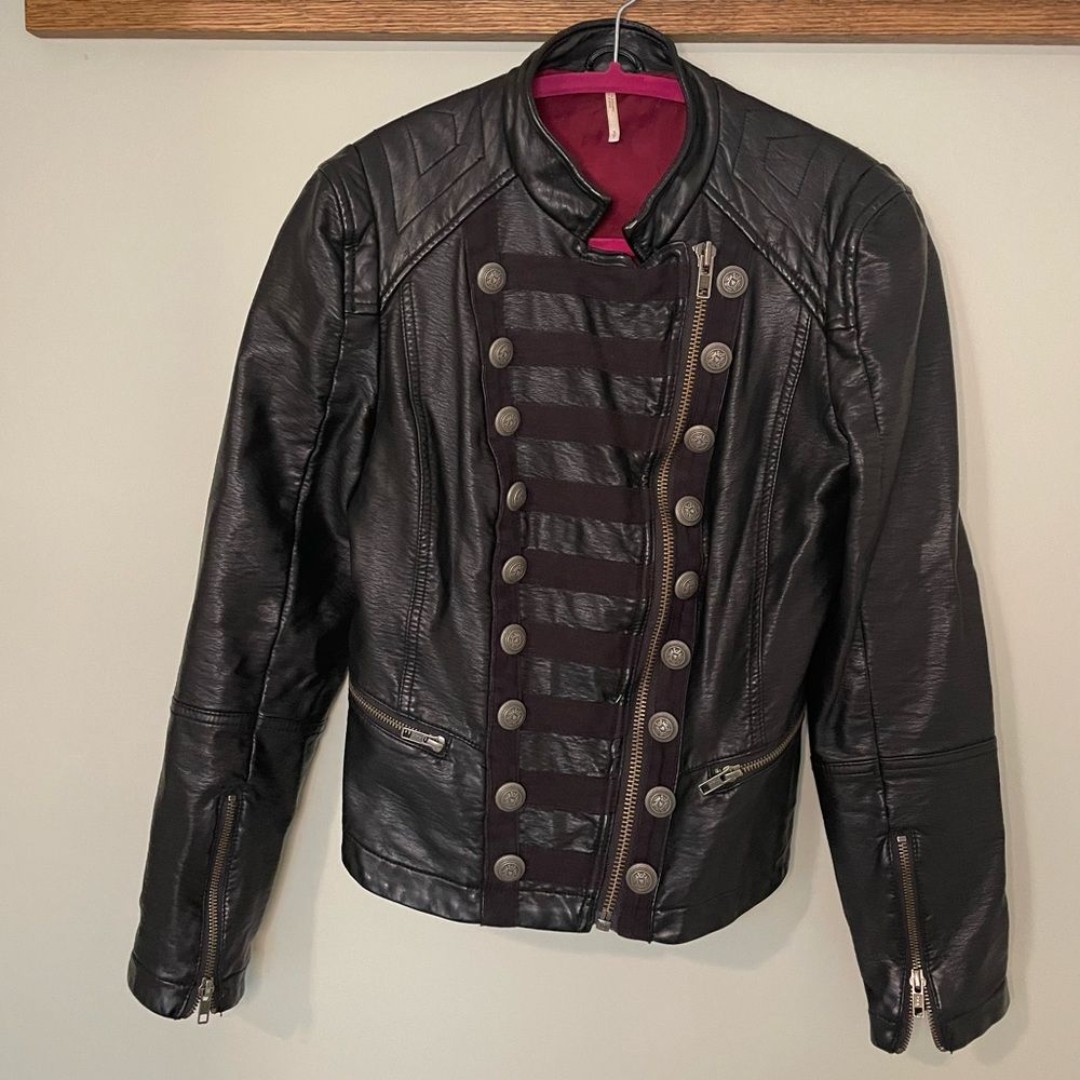 EUC Free People Vegan Leather Military Jacket | Size S | Distressed Moto Style