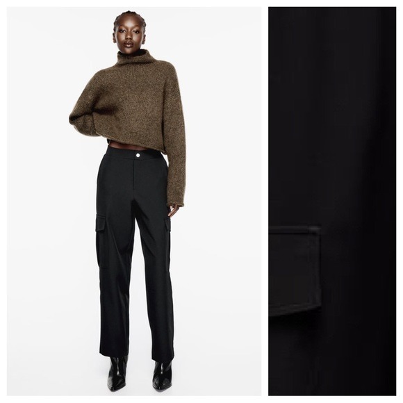 NWT. Zara Black Straight Fit High-Waisted Cargo Pants. Size XS.