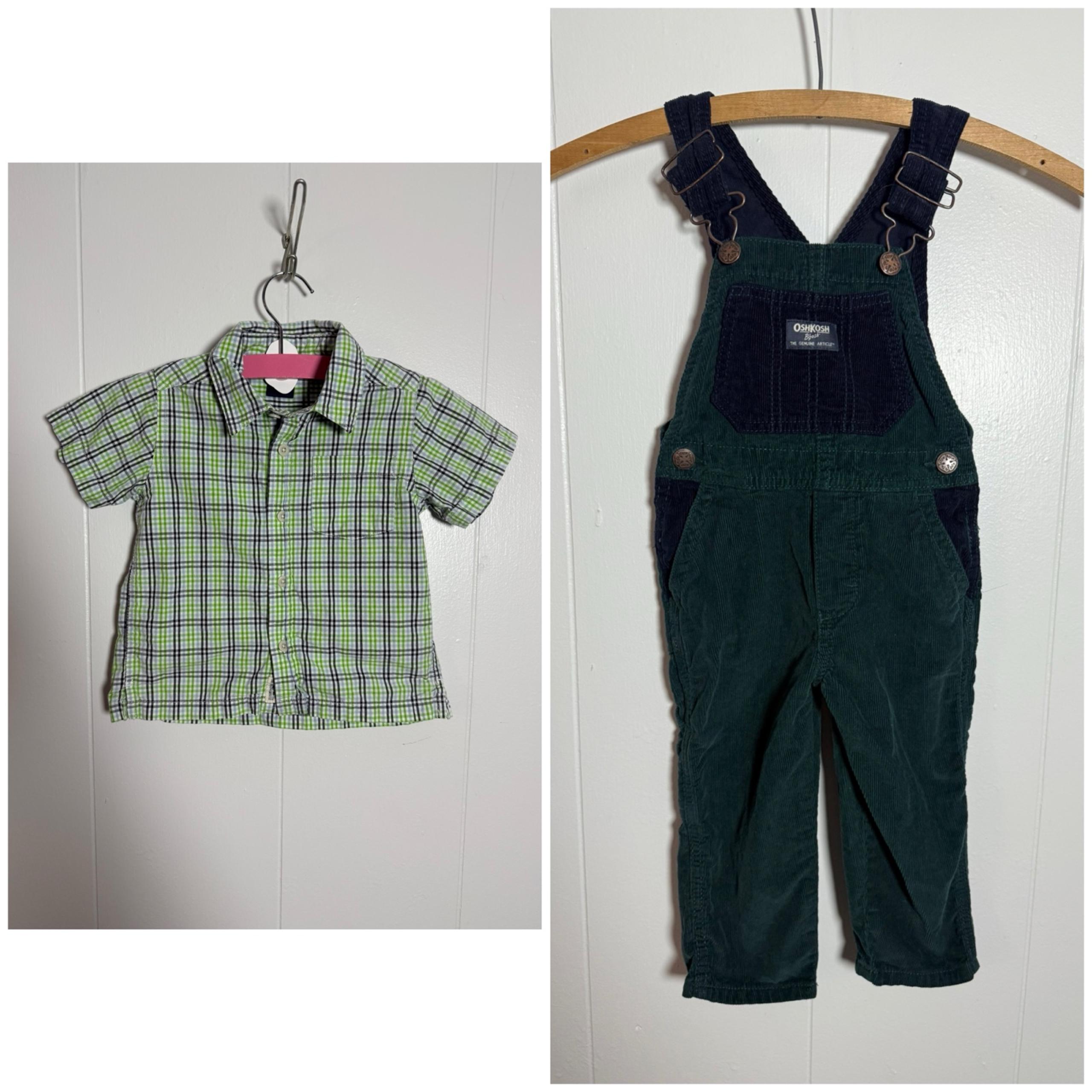 OSHKOSH B’GOSH Toddler Lot Size 2t Blue/Green Corduroy Overalls & Plaid Shirt