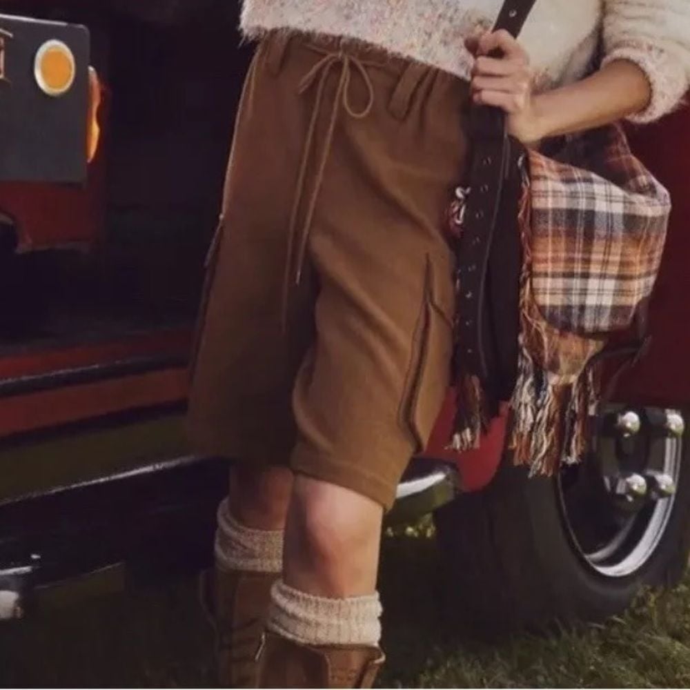 NWOT Free People Charli Wool Longline Cargo Shorts In Bronze Brown Size Small
