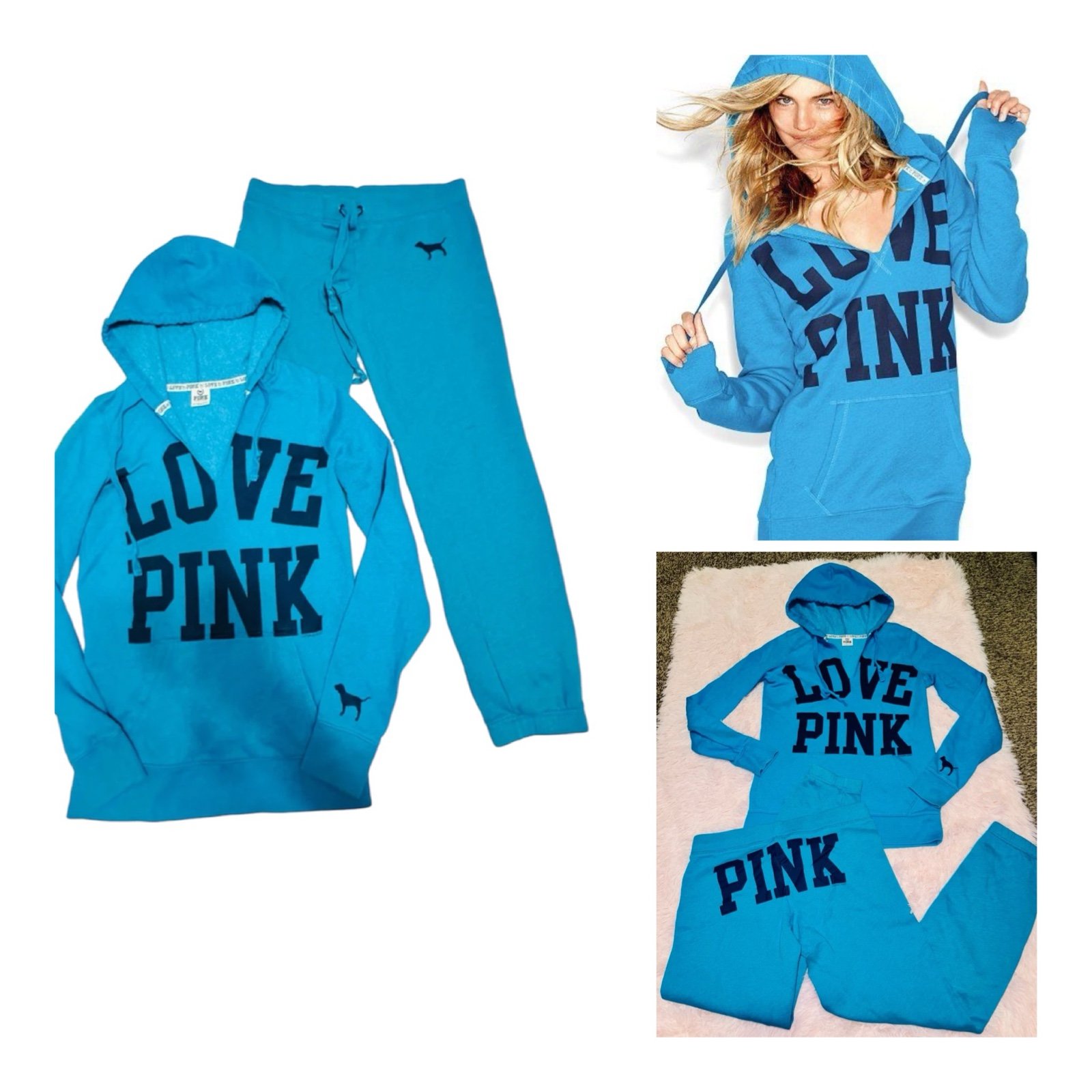 VS PINK vintage blue purple neon dog jogger pant pullover hoodie outfit set