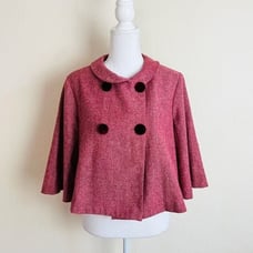 VTG Red Tweed Multicolor Speckles Velvet Buttons Crepe Trapeze Cape Jacket Coat