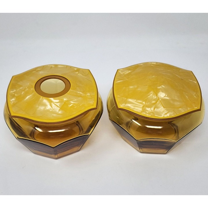 Amber Glass Powder Box and Hair Receiver Bakelite Celluloid Lid VTG