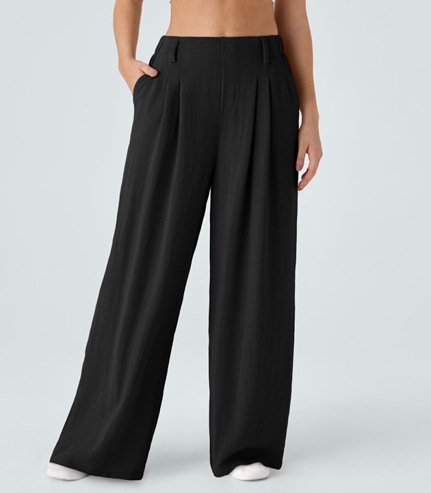 NWT Halara ladies size L PETITE black plicated wide leg waffle work pants