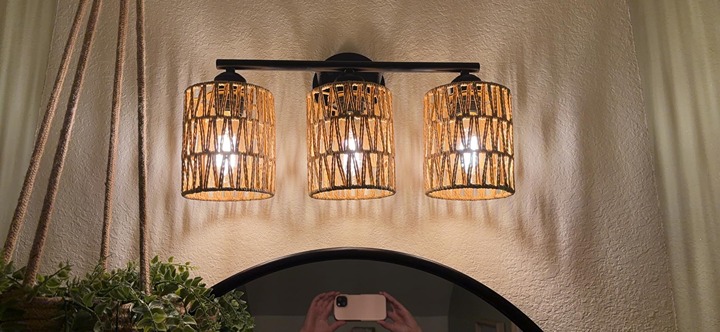3-Light Bathroom Vanity Light Fixtures, Modern Rattan Bathroom Lighting Lamp
