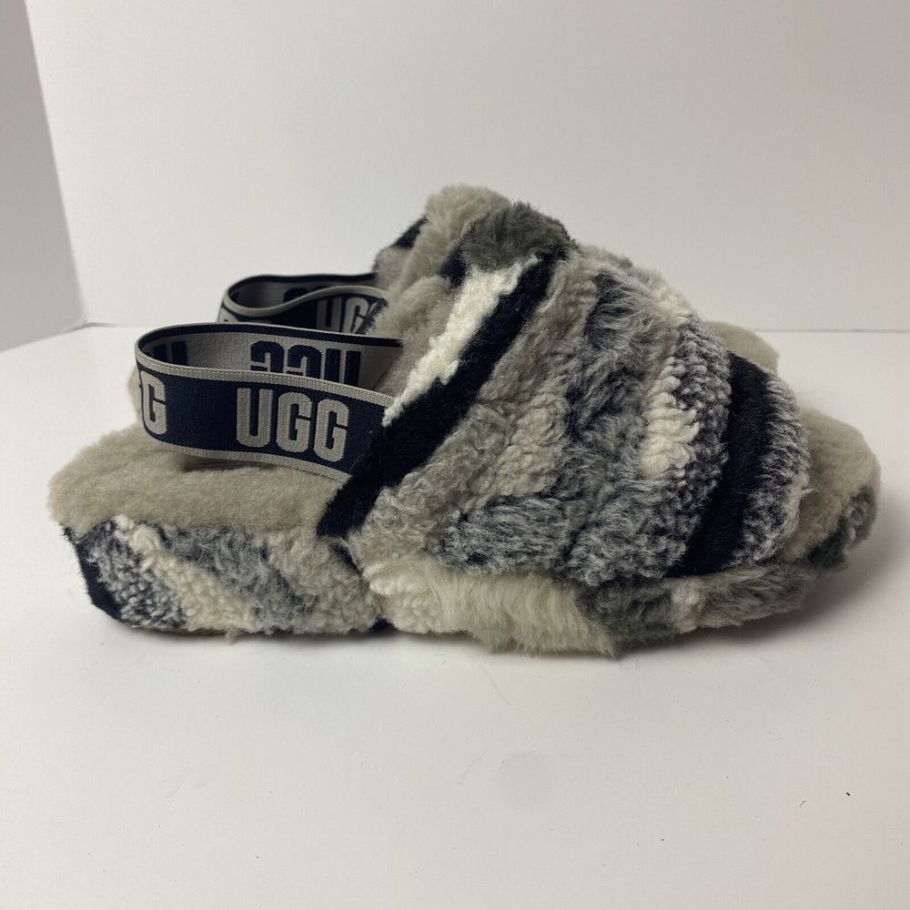 UGG Womens Size 8 Fluff Yeah Slide Cali Collage Backstrap Gray Shearling Logo