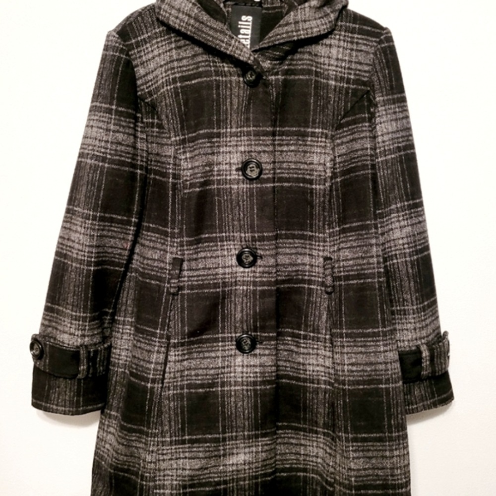 Details INTL Plaid Hooded Coat Black Gray Pockets XL