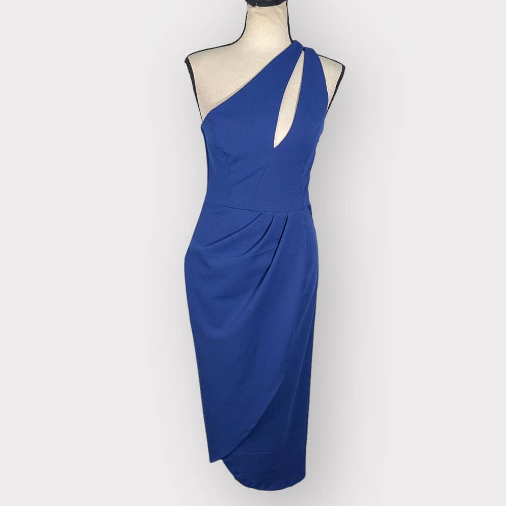 Lulu's Asymmetrical Dress Women's Small Blue One Shoulder Midi Gathered