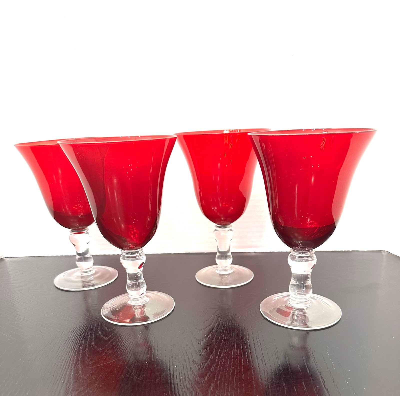 VTG Ruby Red Bell Shaped Wine/Water Goblets Set Of 4 Clear Steam Flare Bowl