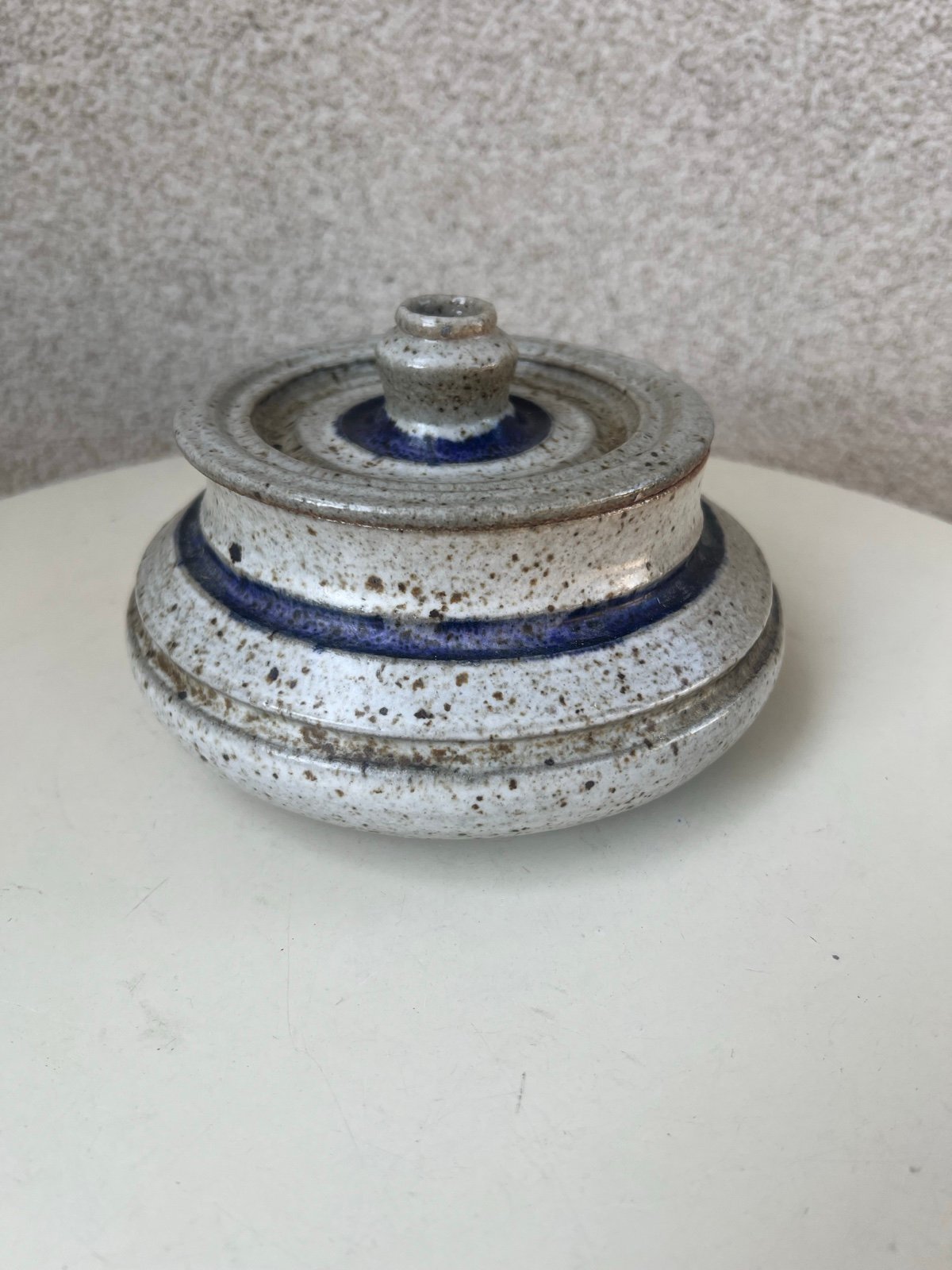 Vintage bohemian Pottery Pot With Lid stripes Trinkets Holder By Leslie B 1979.