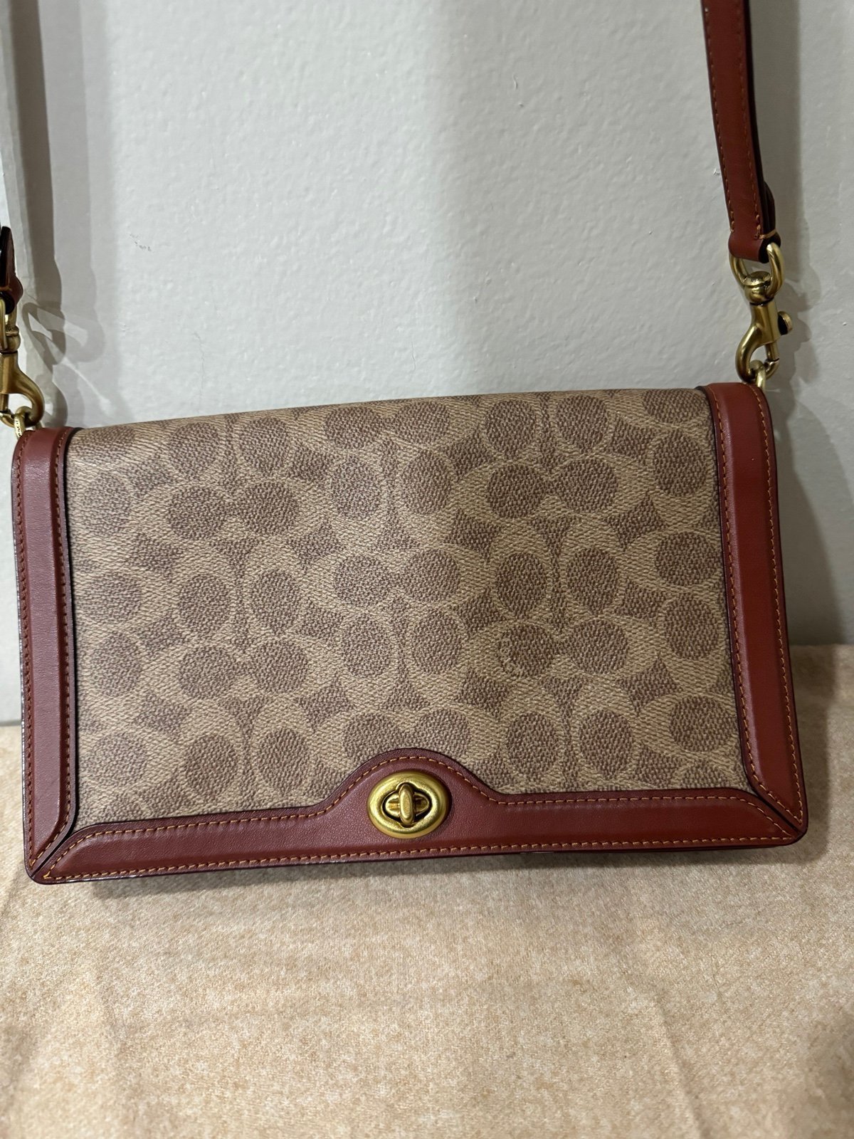 COACH Signature Riley Leather Shoulder / Crossbody / Clutch- Beige & Dark Brown
