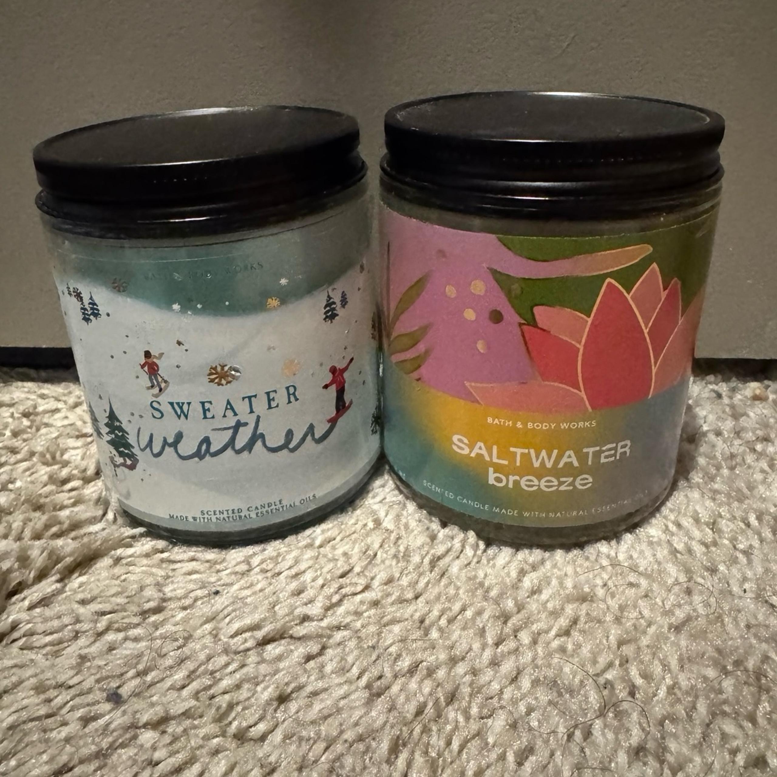 BBW sweater weather and saltwater breeze single wick candles
