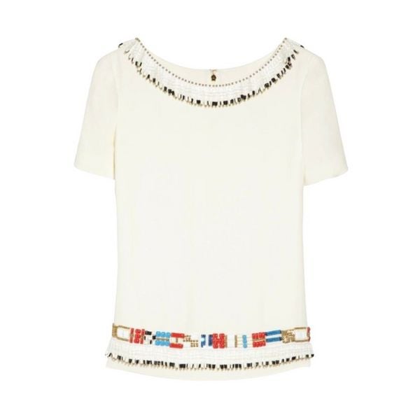 Tory Burch Jace Cream 100% Silk Blouse Multicolor Beads Back Zipper Top size 4 B