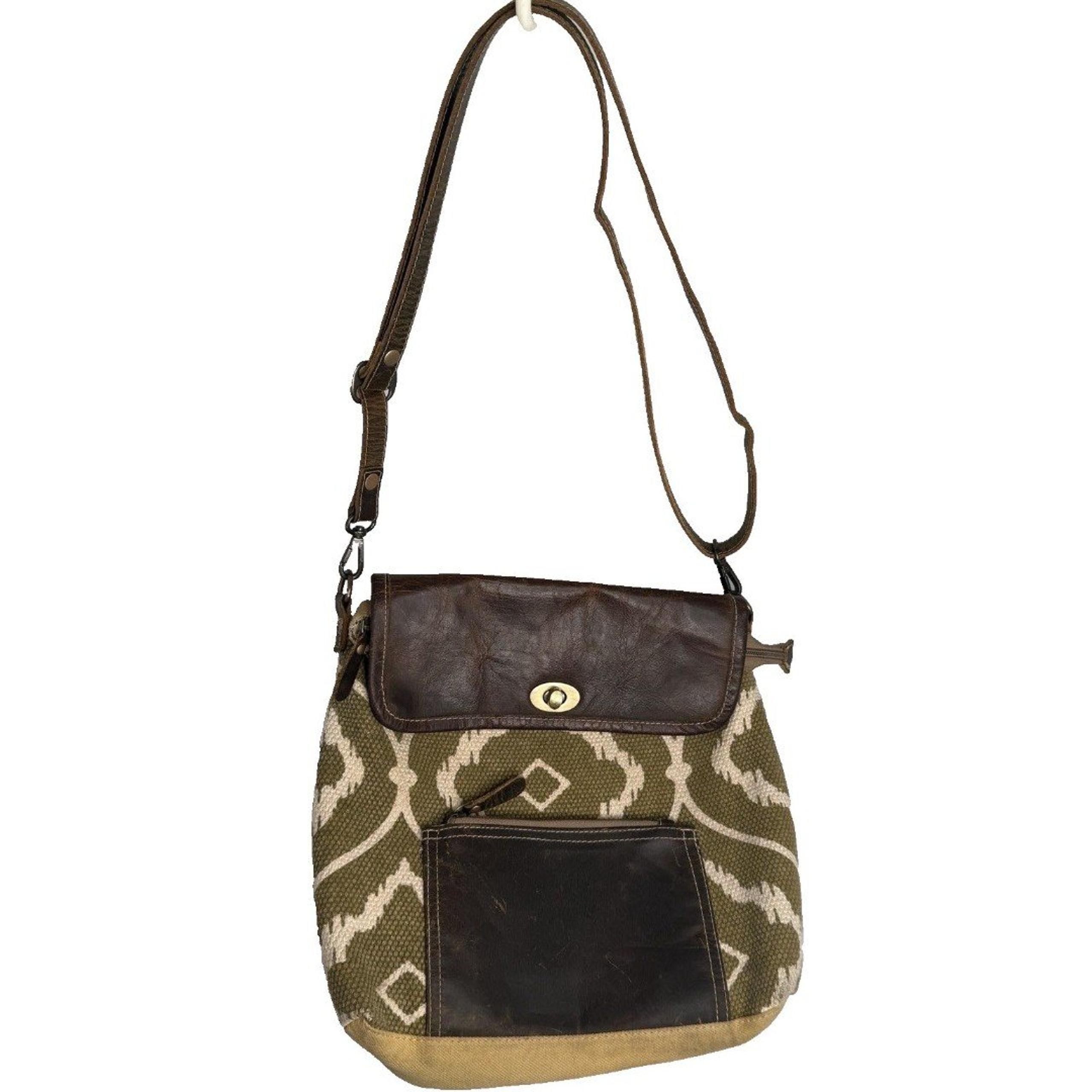 Myra Bag Brown Fantasy Canvas Leather Convertible Backpack Purse Boho Green EUC