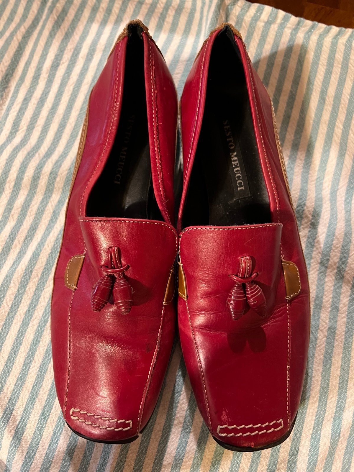 Sesto Meucci leather loafers, flats, red and tan, size 5 1/2