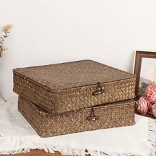 Woven Wicker Basket Bins with Lid - Set of 2 FLat Seagrass Storage Basket