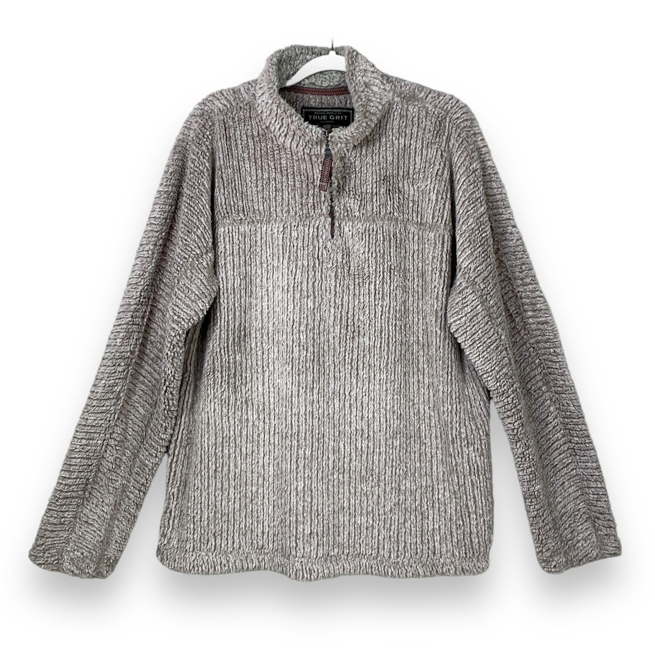 True Grit Mens Pullover Fleece Size L 1/4 Zip Beige Tan Frosty Cord Pile Sweater