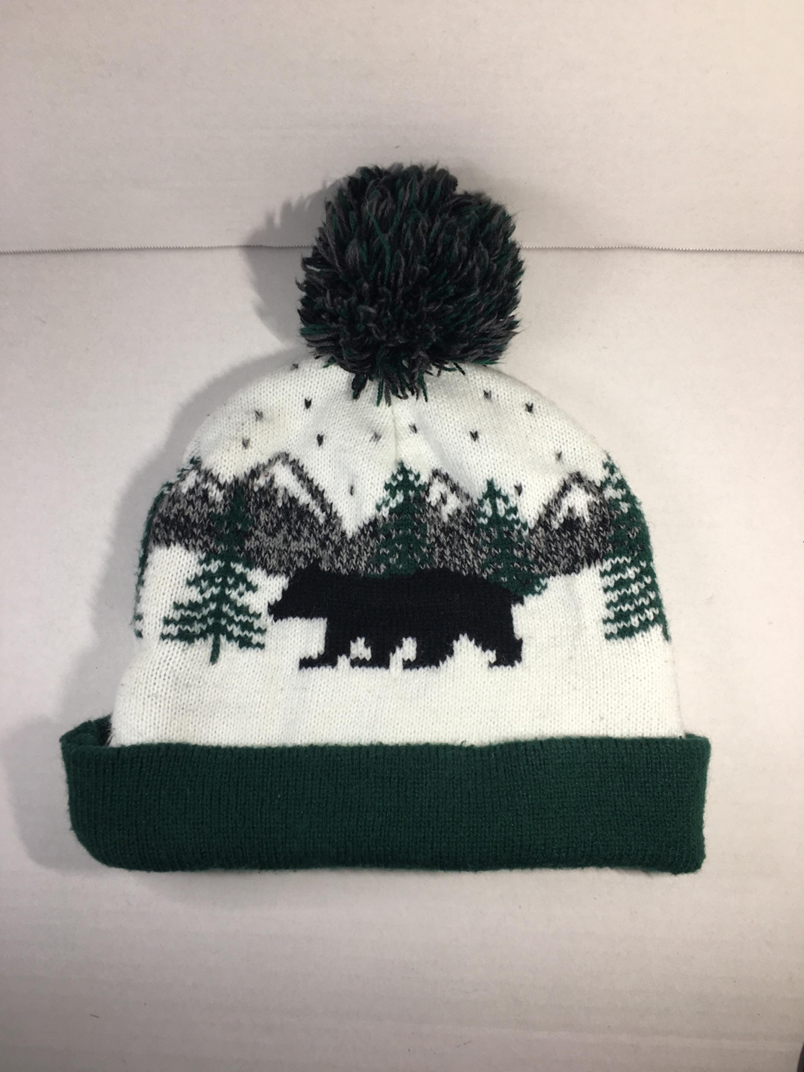OLD NAVY Black Bear Pom Pom Beanie Hat Green White