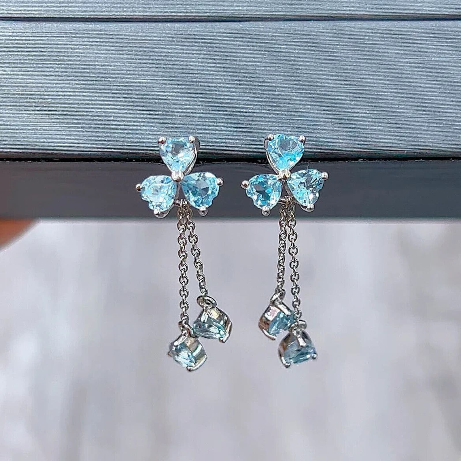 Sky Blue Topaz Clover Dangle Earrings, Sky Blue Topaz Earrings Sterling Silver