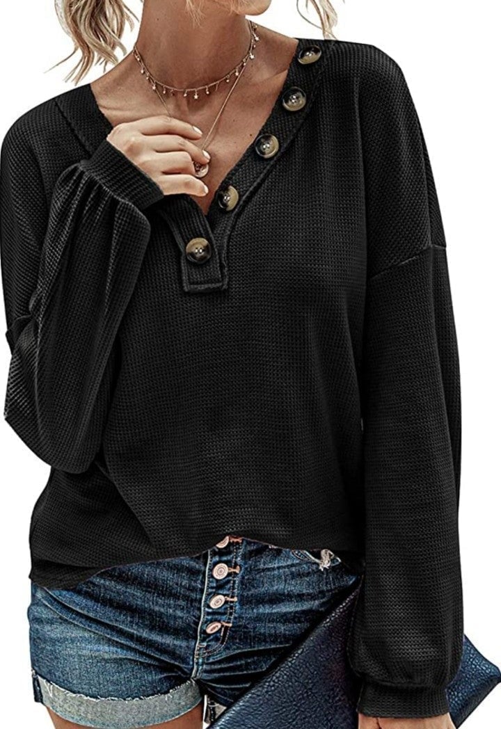BTFBM Women Waffle Knit Shirts V-Neck Long Sleeve Casual Slouchy Loose Blouses P