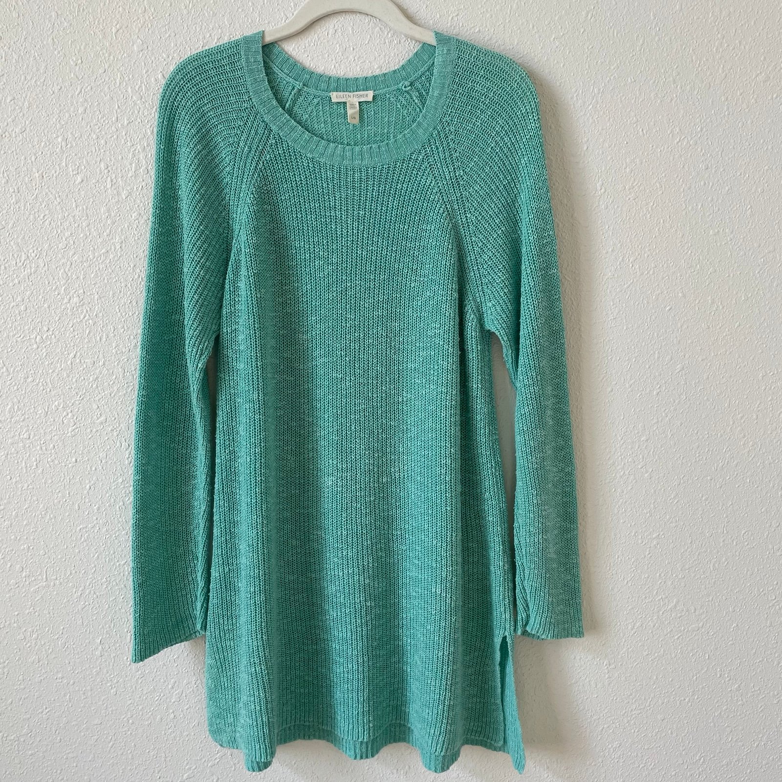 Eileen Fisher Organic Linen Cotton Open Knit Sweater Seafoam Size Large Coastal