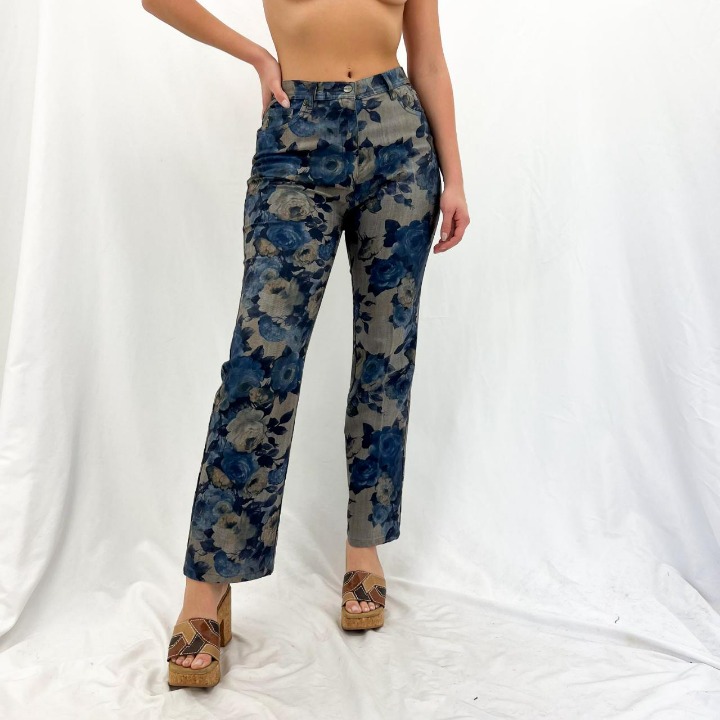 Y2k Gray + Blue Floral Print High-Waisted Pants [L]
