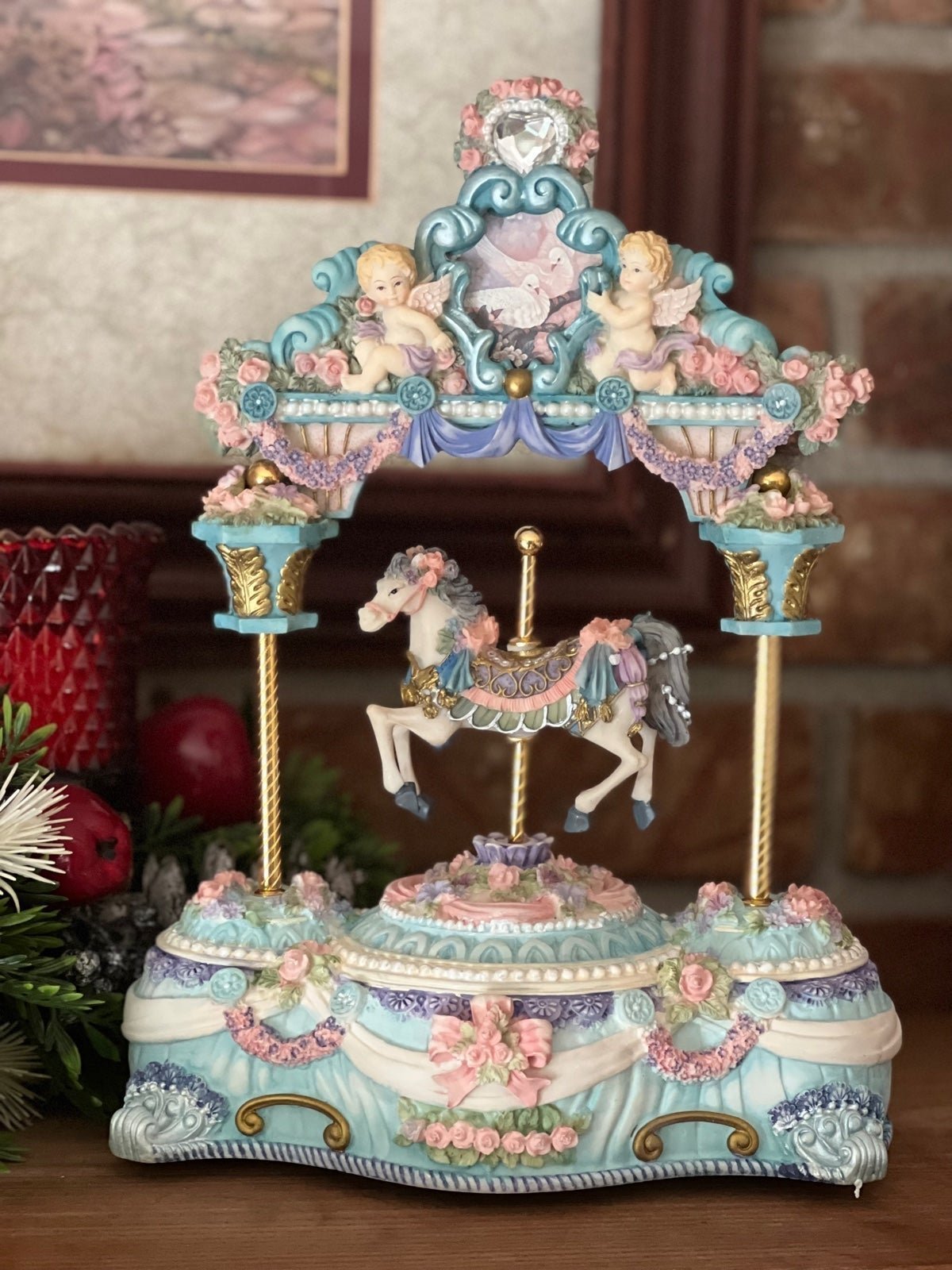 Rare Vintage 1970's Hand Painted Cherub Musical Carousel Featuring Motion Horse