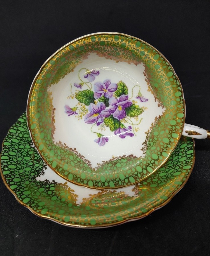 Paragon Gilded Footed Teacup and Saucer Green Trim Purple Violet Fine Bone China