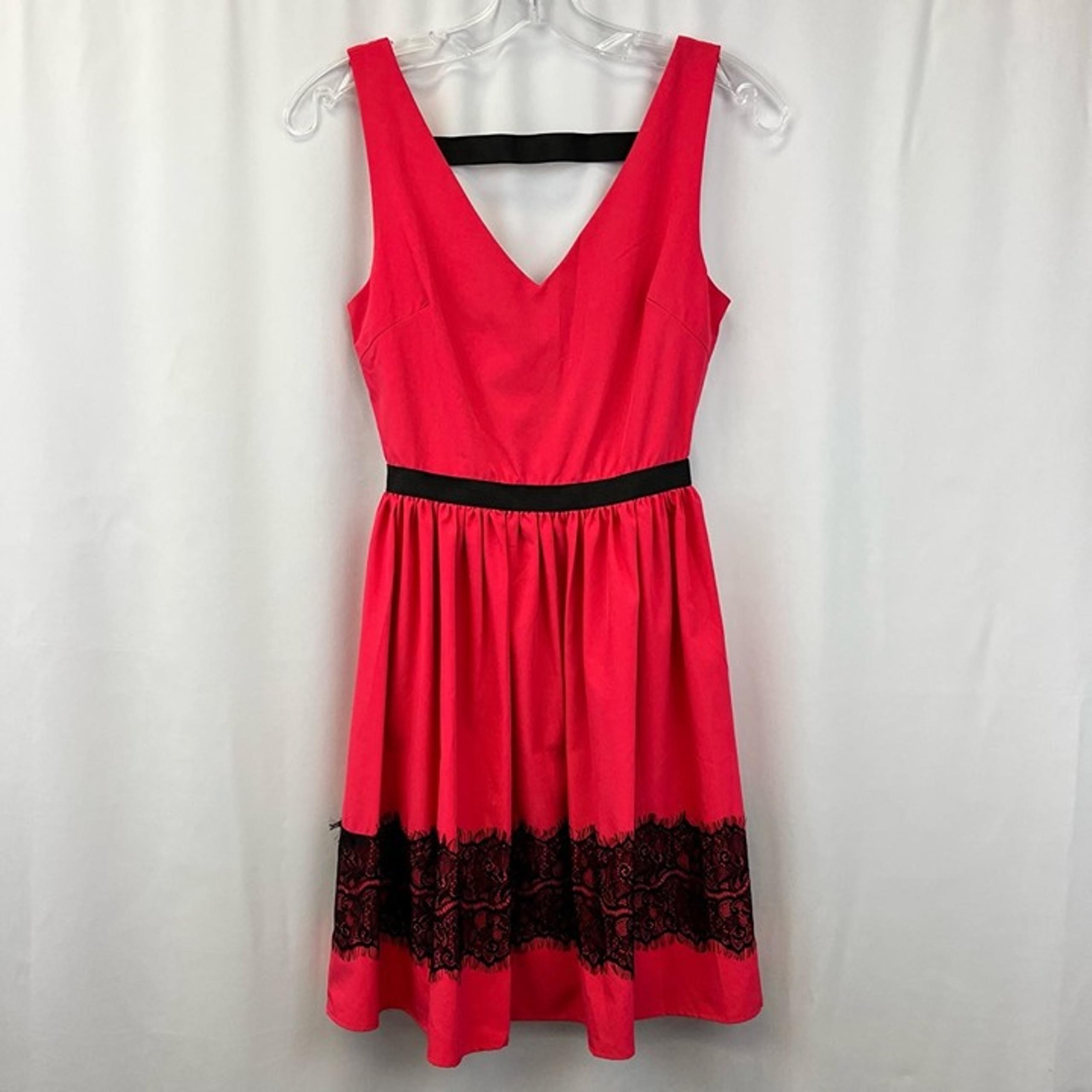 Ya Los Angeles Womens Fit & Flare Dress Red Pleated V Neck Sleeveless Lace S New