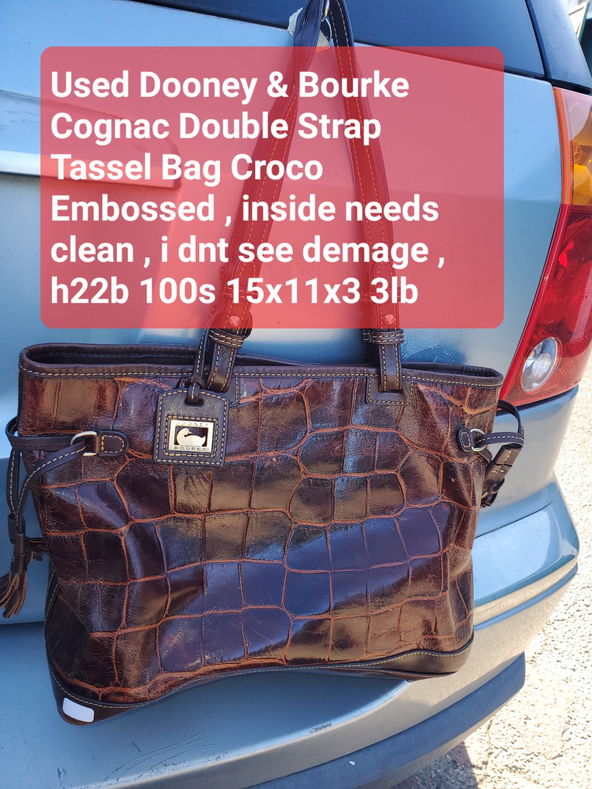 Used Dooney & Bourke Cognac Double Strap Tassel Bag Croco Embossed , inside need