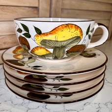 Hand Painted Mushroom Porcini King Bolete Collection Vintage Set Saucers/Lrg Cup