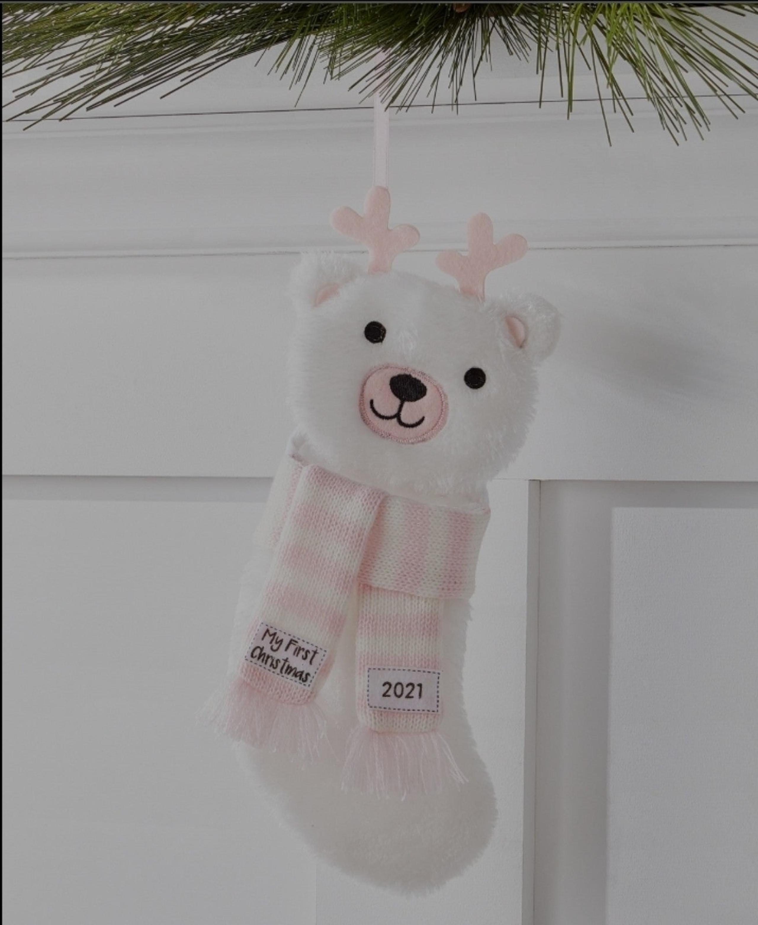 Holiday Lane 2021 Baby Girl First Christmas Bear Mini Stocking with Pink Scarf