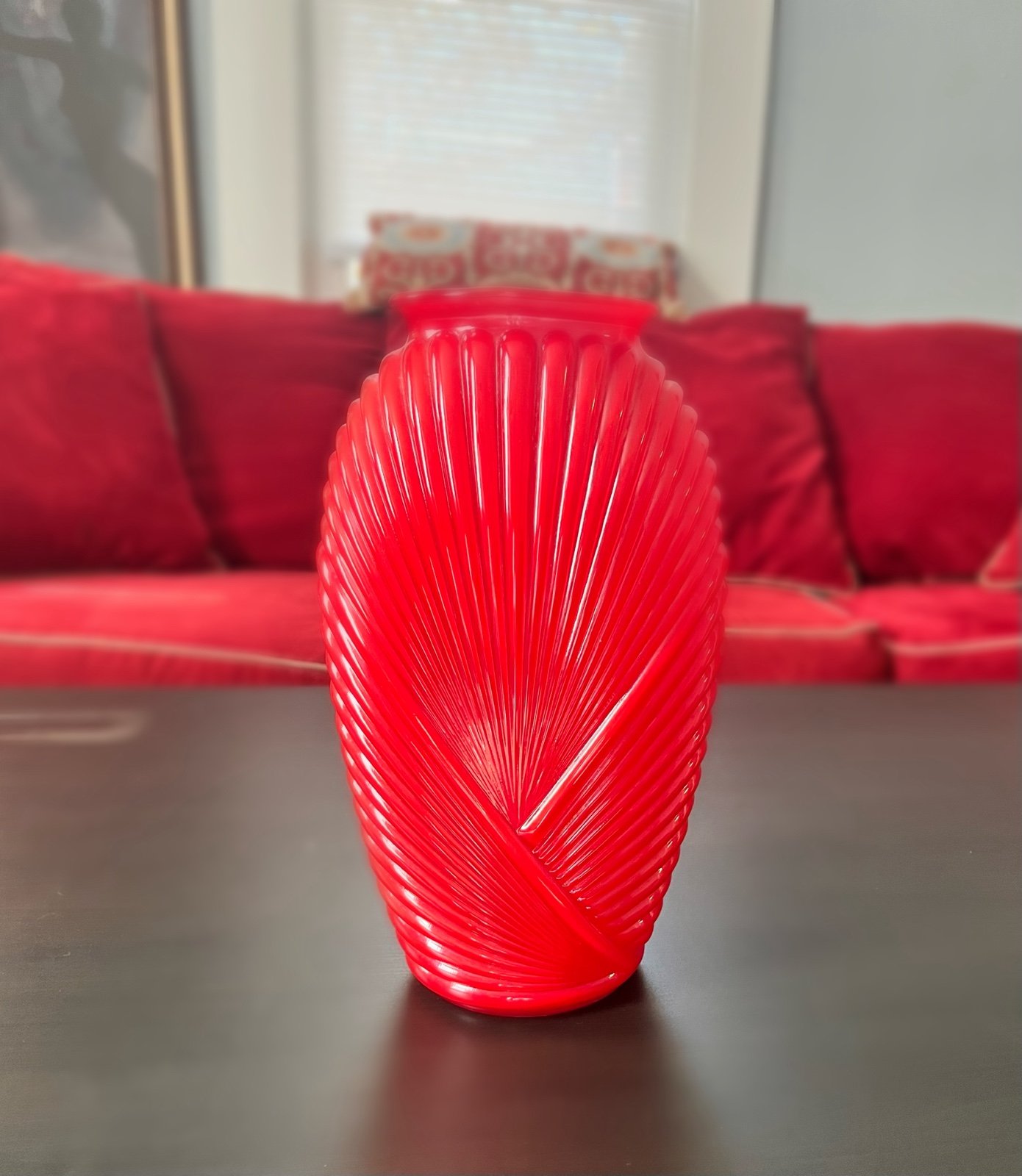 Vintage 80s Anchor Hocking Art Deco Scarlet Red Ribbed Glass Vase